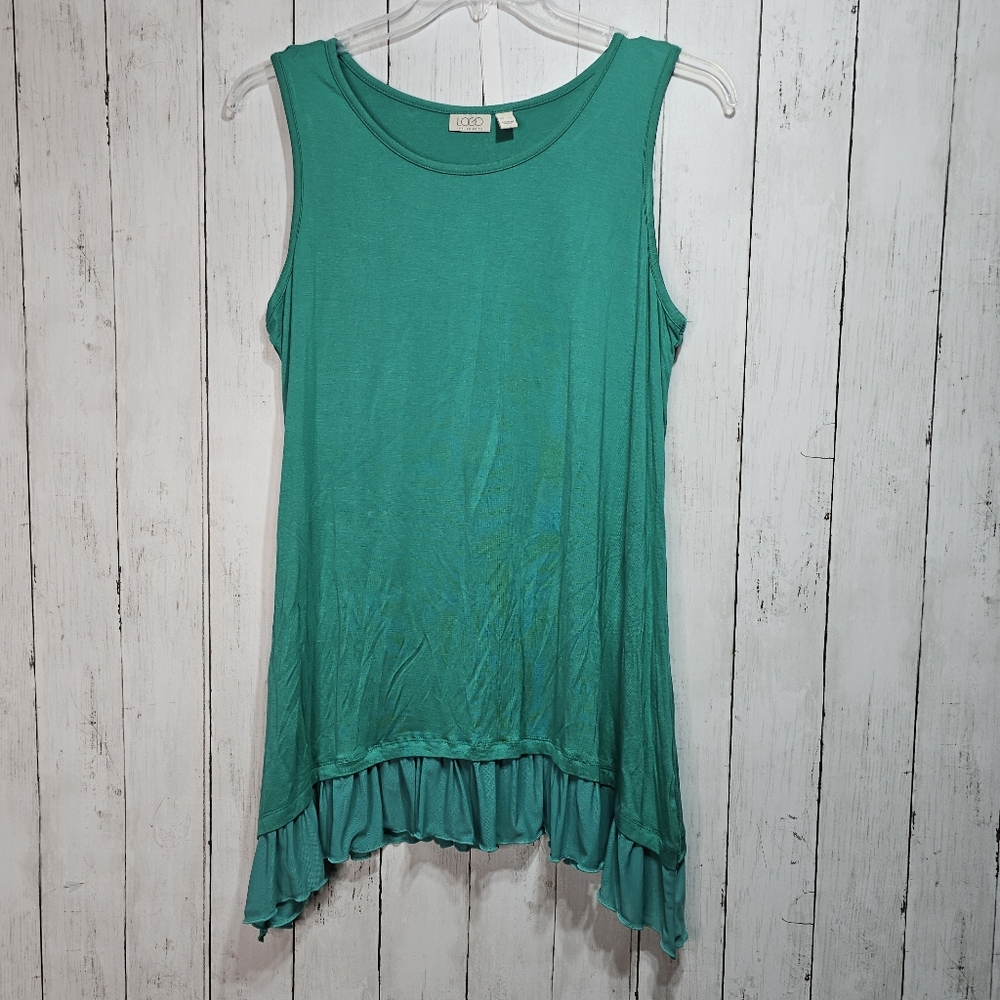 LOGO Lori Goldstein Women's Teal Rayon Knit  Ruffle Hem Sleeveless Shirt Size XL